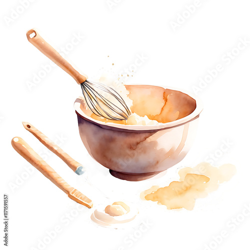 A watercolor illustration depicting a mixing bowl filled with batter, a whisk, and a small bowl of baking powder. The image symbolizes baking, culinary arts, and the joy of creating delicious treats.