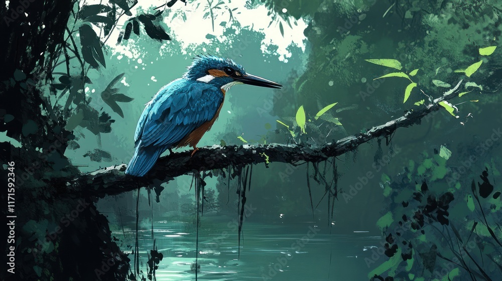 Fototapeta premium Serene Kingfisher by the River: A Digital Painting of Tranquility