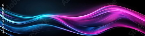 Abstract fluid waves, vibrant neon colors, electric blue and magenta, smooth glossy texture, dynamic flow, dark background, futuristic design, digital art, high contrast, sleek curves, energy in motio