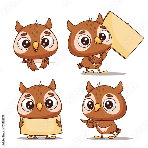 Four absolutely adorable cartoon owls holding blank signs, which are perfect for creating fun and creative designs