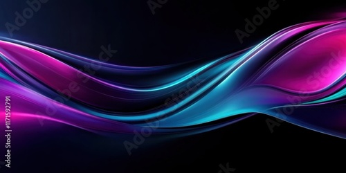 Abstract waves, vibrant colors, neon glow, fluid motion, digital art, smooth curves, electric blue, vivid purple, dynamic composition, futuristic design, glossy texture, energy flow, luminous effect, 