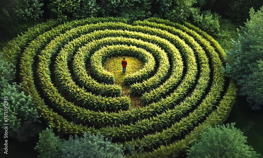 A Man in a Circular Green Maze: A Top-Down View A Man in a Circular Green Maze: A Top-Down View