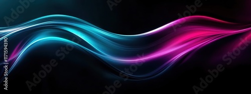 Abstract waves, vibrant colors, neon glow, fluid motion, dynamic curves, electric blue, vivid purple, deep black background, glossy texture, futuristic aesthetic, digital art, 3D render, smooth gradie photo