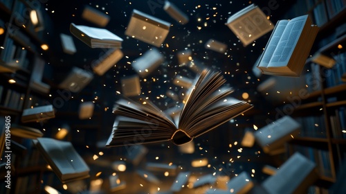 Symbolic representation of impersonal idealism with luminous floating books creating abstract ideas in boundless space