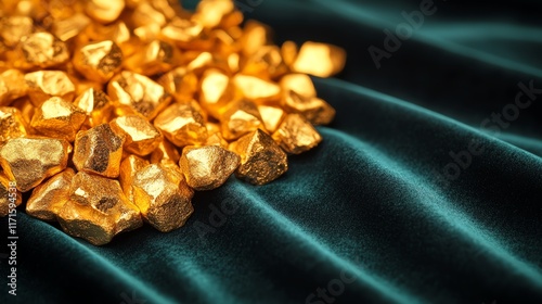 Pile of gold nuggets on dark fabric