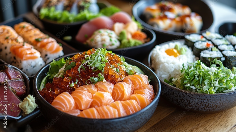 Assorted sushi, sashimi, and rice bowls on a wooden table. Assorted sushi, sashimi, and rice bowls on a wooden table.