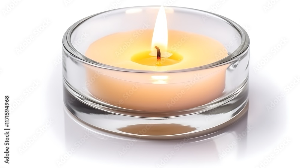 Isolated tealight candle in a silver holder with a soft glow isolated on solid white background.
