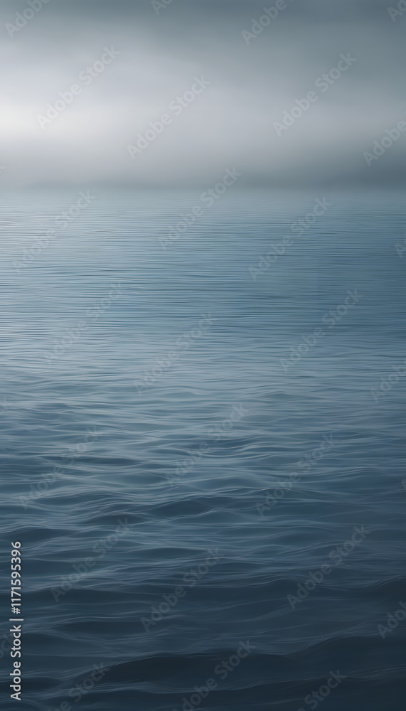 Obraz premium Calm blue sea surface with gentle ripples, surrounded by grey mist and dim lighting.