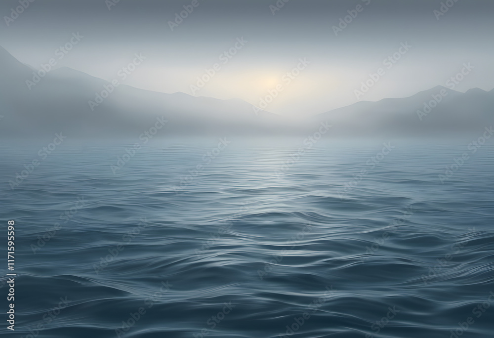 Calm blue sea surface with gentle ripples, surrounded by grey mist and dim lighting. Calm blue sea surface with gentle ripples, surrounded by grey mist and dim lighting.