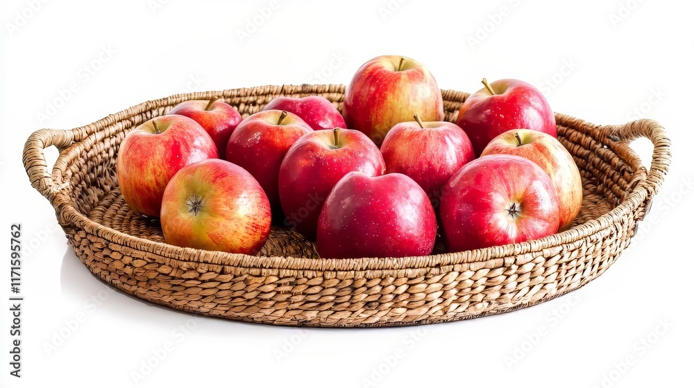A rustic wicker basket filled with fresh red apples, symbolizing autumn harvest. Isolated on a white background, it highlights nature's bounty and organic, healthy produce A rustic wicker basket filled with fresh red apples, symbolizing autumn harvest. Isolated on a white background, it highlights nature's bounty and organic, healthy produce