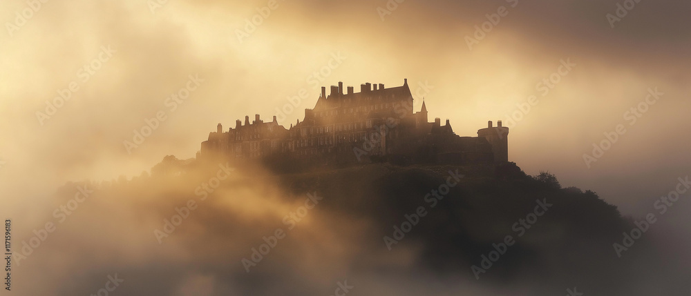Geheimnisvolle Burg über den Nebeln eines düsteren Hügels
Geheimnisvolle Burg über den Nebeln eines düsteren Hügels