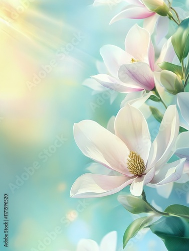 flowering magnolia blossom on sunny spring background, close-up of beautiful springtime flora, floral easter background concept with copy space