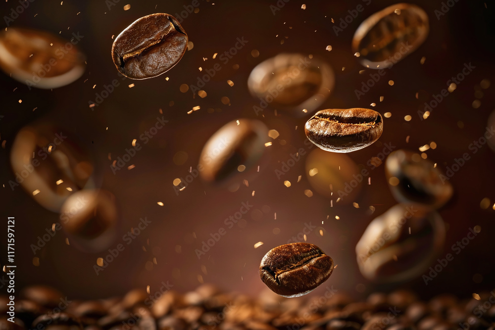 Dynamic Coffee Splash with Flying Coffee Beans and Droplets in a High-Speed Coffee Action Shot on a Dark Background Dynamic Coffee Splash with Flying Coffee Beans and Droplets in a High-Speed Coffee Action Shot on a Dark Background