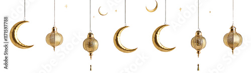 traditional ramadan lantern decoration arrangement isolated on transparent or white backround, png cutout