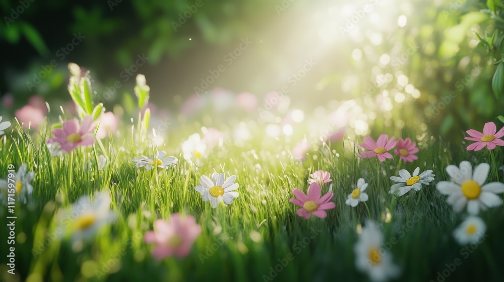 Fototapeta premium Beautiful spring meadow with grass and flowers in sunlight background banner, spring themed designs, nature projects, backgrounds, greeting cards, and floralthemed marketing materials.