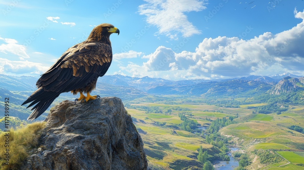 Fototapeta premium Majestic Eagle Perched Atop Mountain Overlooking Valley