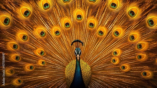 Majestic peacock displaying vibrant golden tail feathers. photo