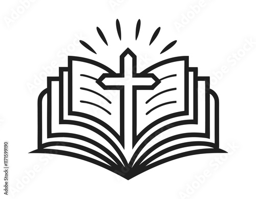 open bible with cross symbol and rays of light, representing christian faith and spirituality, perfect for religious and inspirational content