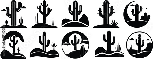   
Cactus desert silhouettes set collection, large pack of vector silhouette design elements, 
isolated on white background