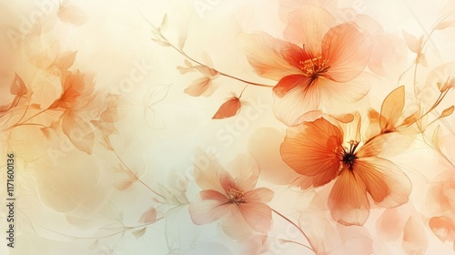 Abstract spring season floral Background. Warm tone blossom wallpaper design with wild flowers, blooms and leaves. Line art and watercolor texture perfect for banner, prints, wall art, decoration.