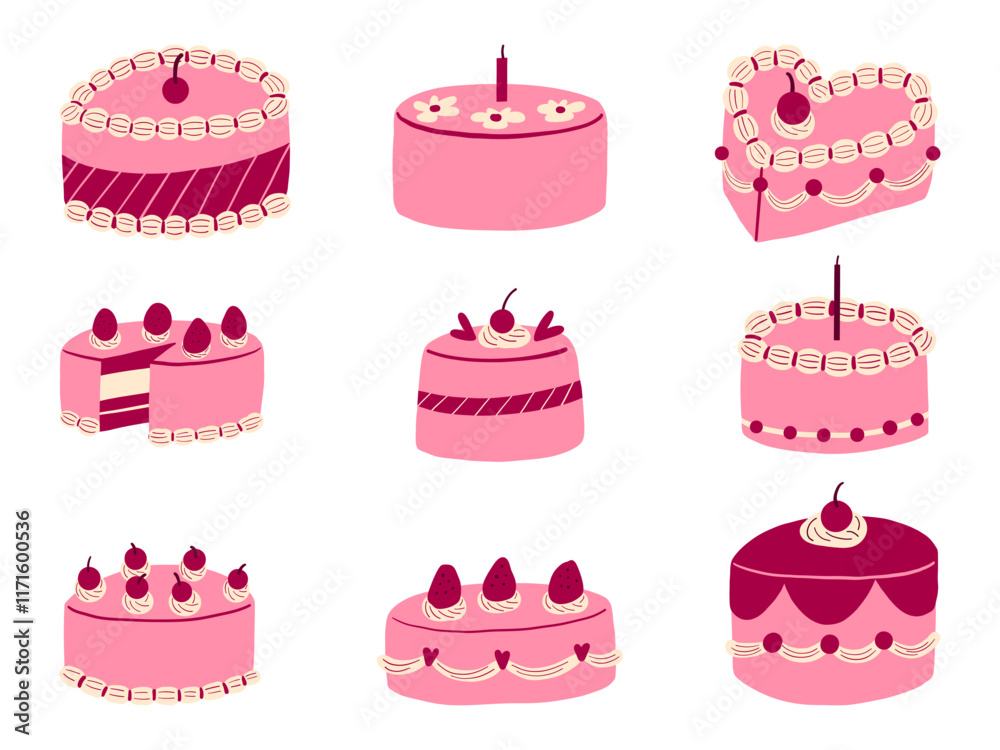 Pink Celebration Cake with Whimsical Designs. A collection of 9 hand-drawn pink cakes, featuring cherries, macarons, and whimsical accents, perfect for festive and dessert-themed visuals