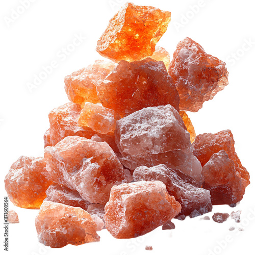 Small, irregular pink Himalayan salt crystals scattering in mid-air on a transparent background, Floating Pink Himalayan Salt Crystals on a transparent background