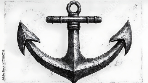 Graphite sketch of a weathered metal anchor on a textured background. photo