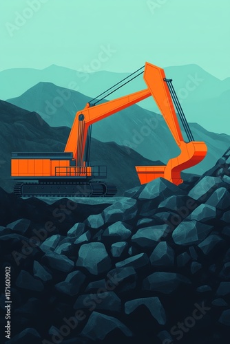 Orange excavator mining rocks photo