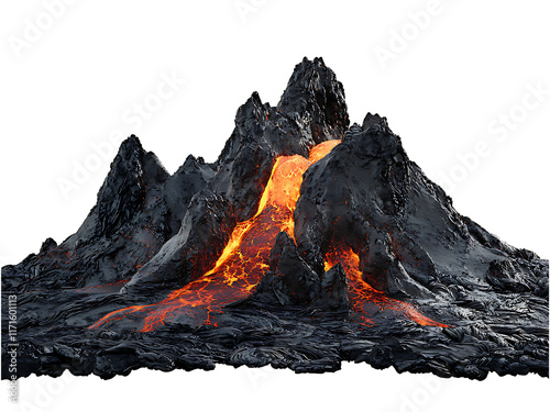 volcanic activity that features lava flows, effusive eruption isolated on transparent or white background, png cutout photo