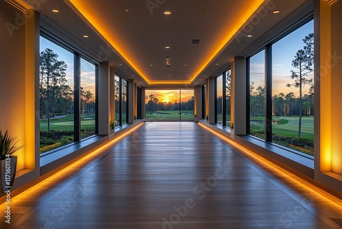 A long hallway with a view a golf course through the window  featuring modern lighting and subtle decorative details.