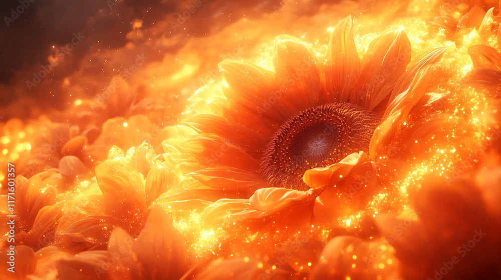 Glowing orange sunflower surrounded by sparkling petals. Glowing orange sunflower surrounded by sparkling petals.