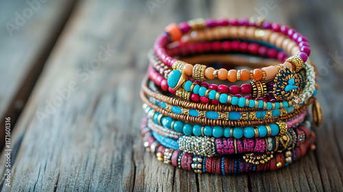 Stack of colorful bracelets on a wooden table