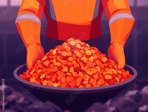 Miner holding a bowl of ore.