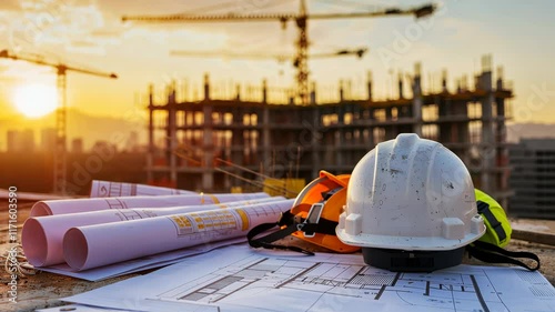 Construction Site Sunset:  Hard hats, blueprints, and construction cranes at sunset. A powerful image representing the construction industry, growth, and progress.