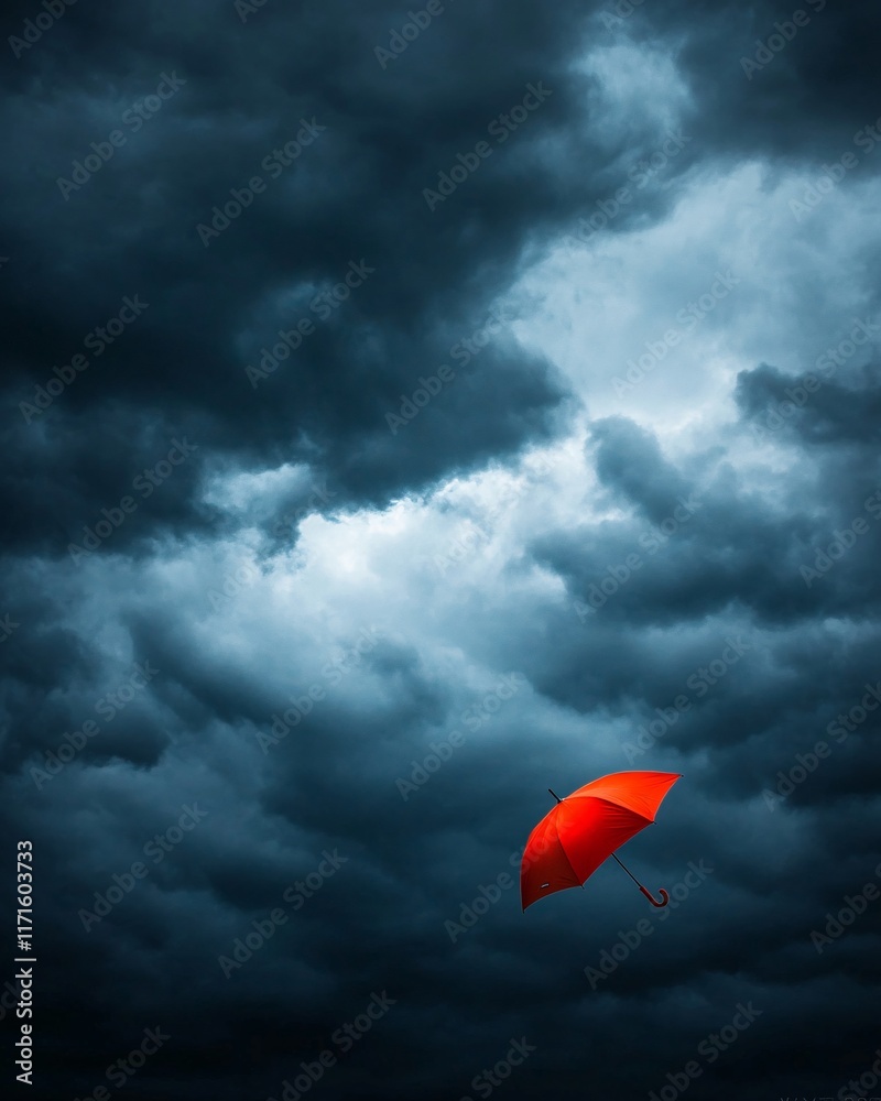 Red Umbrella in Dark Stormy Sky Red Umbrella in Dark Stormy Sky