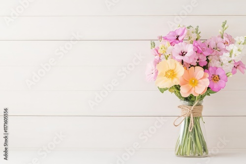 Beautiful pastel flowers in a clear vase tied with rope, set against a wooden backdrop. Perfect for minimal and spring-themed designs.
