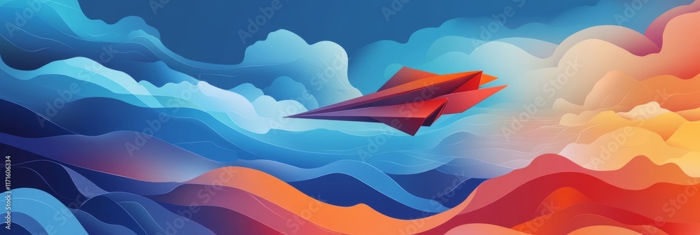 Obraz premium Paper Plane Soaring Through Abstract Landscape: A Digital Art Journey