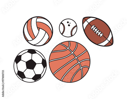 multisport ball collection: volleyball, baseball, football, soccer, and basketball icons