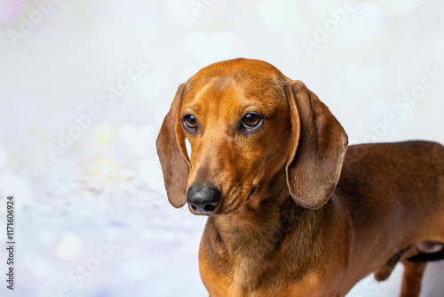 Red pure-bred miniature kaninchen dachshund close up studio portrait photo