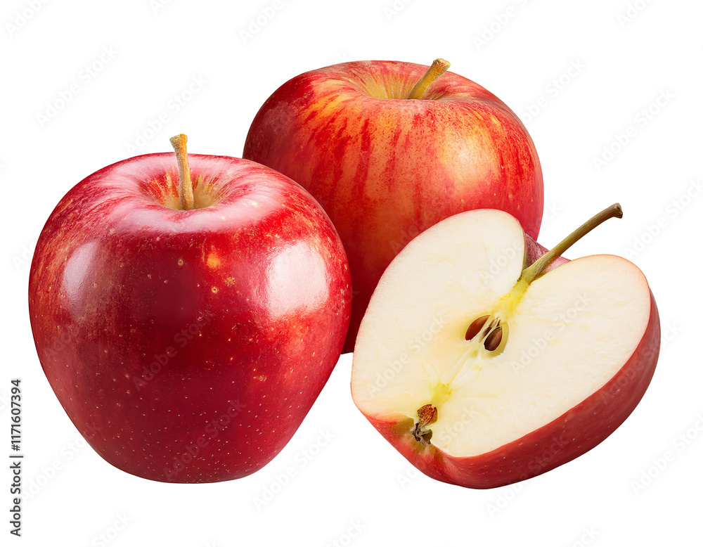 A collection of red apples displayed from various angles, including whole, sliced, and halved, on a transparent background A collection of red apples displayed from various angles, including whole, sliced, and halved, on a transparent background