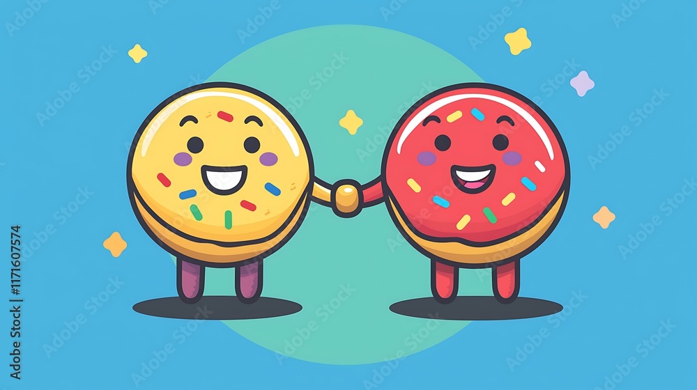 Adorable donut characters holding hands with rainbow sprinkles and pastel colors in the background Adorable donut characters holding hands with rainbow sprinkles and pastel colors in the background