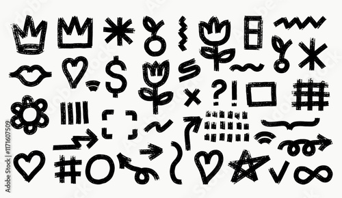 Big set of black charcoal graffiti doodle punk and girly shapes. Collection of bold marker brush drawn various doodle elements for design, collages, illustration. Vector punk and grunge style.