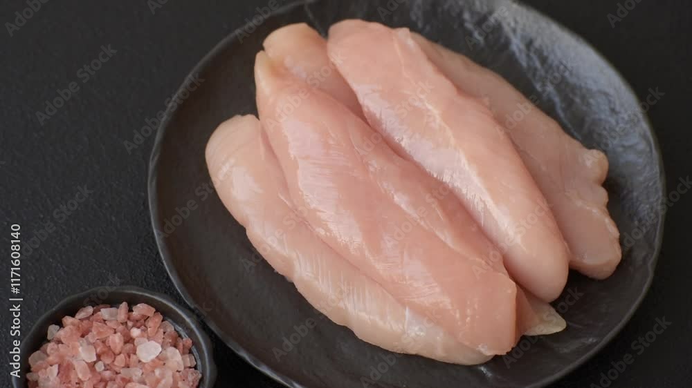 Raw chicken fillet cut into strips with spices and herbs on a wooden cutting board Raw chicken fillet cut into strips with spices and herbs on a wooden cutting board