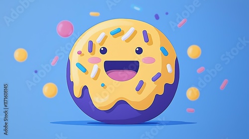 An animated donut with colorful icing, smiling and floating in a sea of candy sprinkles