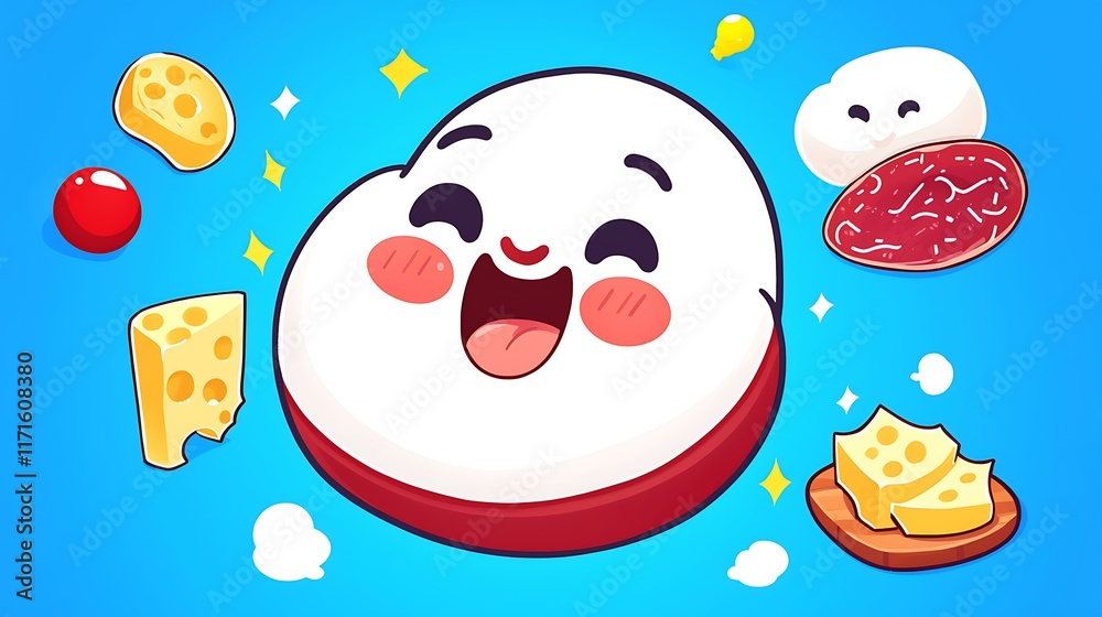 Animated cheese cubes smiling and jumping around on a cartoon charcuterie board Animated cheese cubes smiling and jumping around on a cartoon charcuterie board