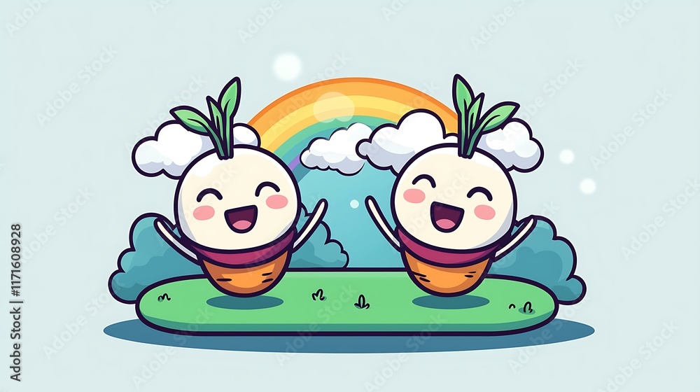 Obraz premium Cartoon carrots with cute smiles, dancing in a sunny garden with a rainbow in the background