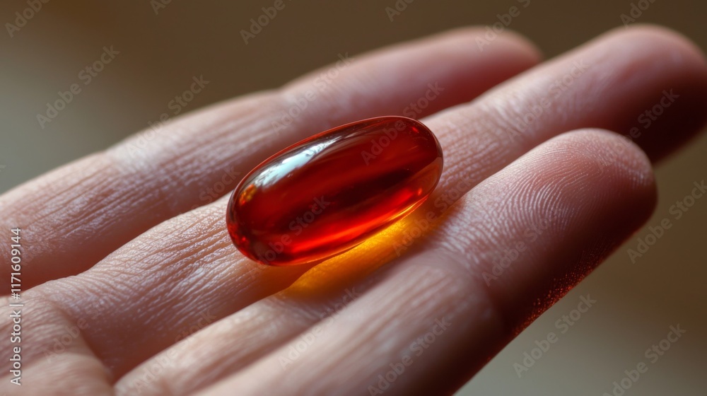 Close-up of a Red Gel Capsule on a Fingertip Close-up of a Red Gel Capsule on a Fingertip