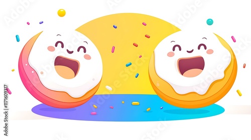 Cartoon doughnuts with smiling faces, floating in a colorful pool of icing and sprinkles