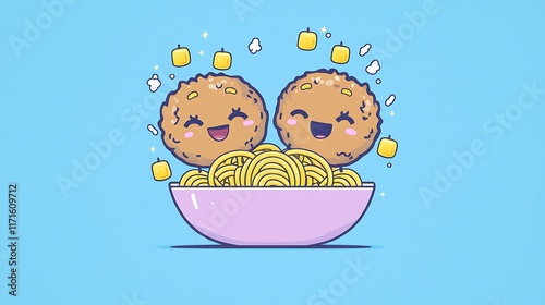Cartoon spaghetti and meatball characters with happy faces, sitting on a vibrant plate with a colorful background