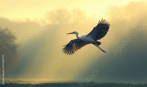 White stork in flight, foggy sunrise.